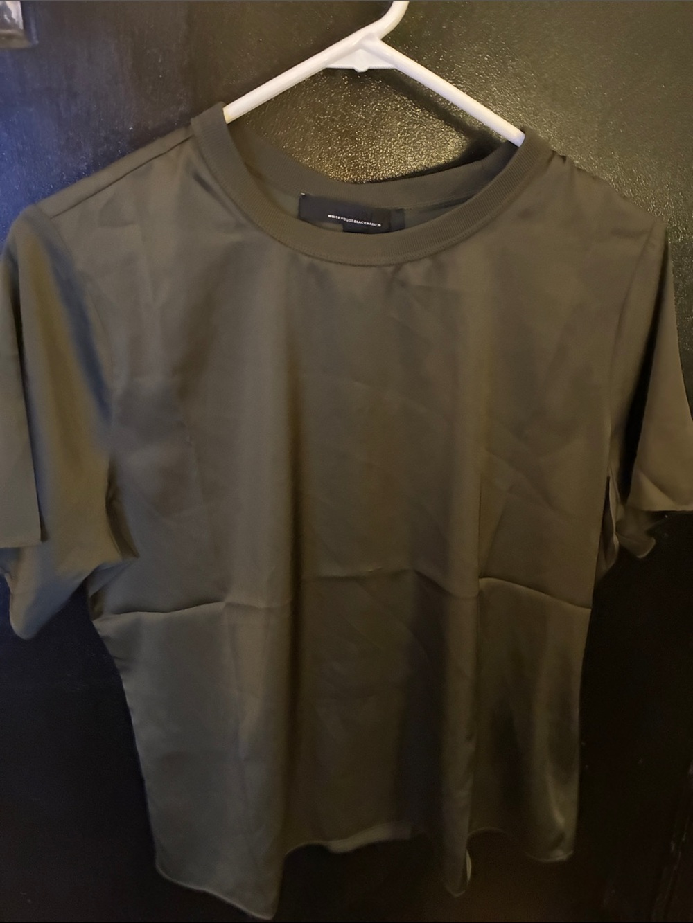 White House Black Market Short Sleeve Crew Neck Olive Satin M